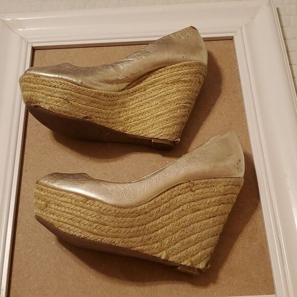 Jessica Simpson gold peep toe platform wedge shoes size 6.5 - Picture 8 of 11